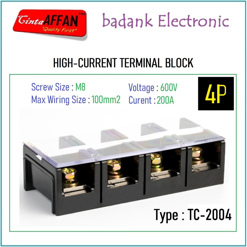 High Current Terminal Block TC-2004 200A 4P 600V Double Row Screw M8